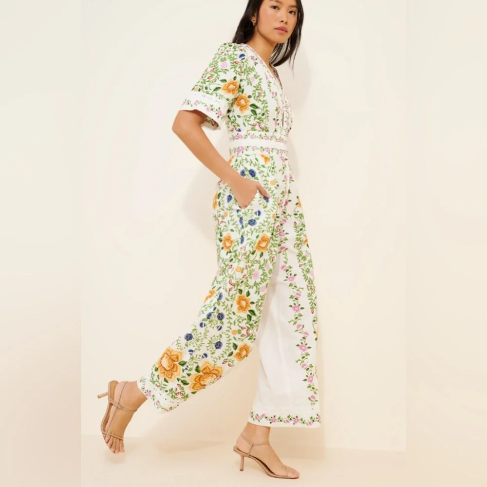 Farm Rio Anthropologie Folk Floral Linen Blend Short Sleeve Jumpsuit Medium - Picture 6 of 8